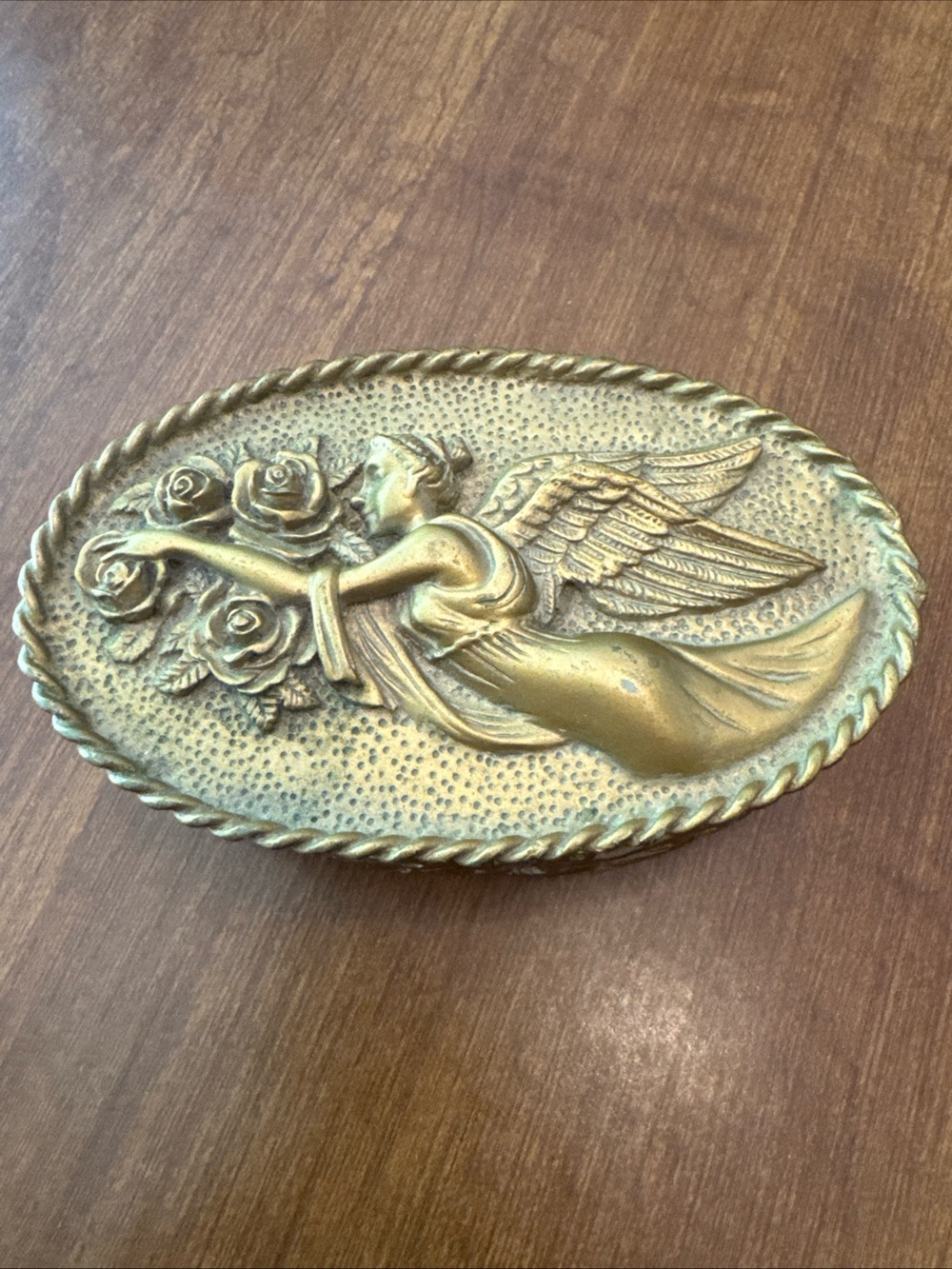 Angel cherub gold colored trinket box with lid resin precious